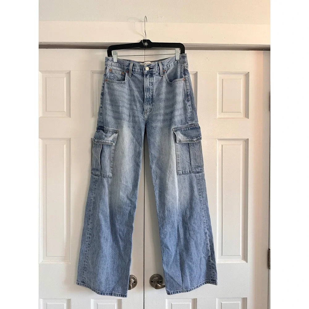 Denim Forum The Farrah Hi-Rise Wide Leg Cargo Jeans Light Wash Blue Size 28